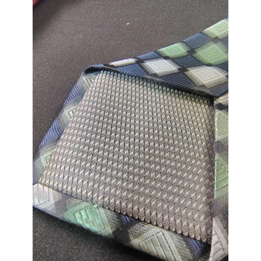 Alexander Julian Colours Tie Men Green Grey Checkered Grid Box Pattern Polyester